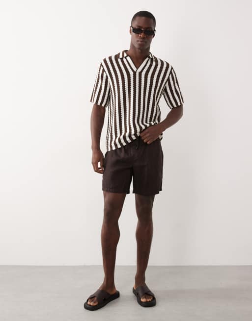 ASOS DESIGN knitted relaxed textured notch neck polo in ecru and brown stripe, 2 of 5