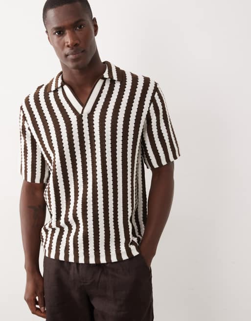 ASOS DESIGN knitted relaxed textured notch neck polo in ecru and brown stripe, 3 of 5