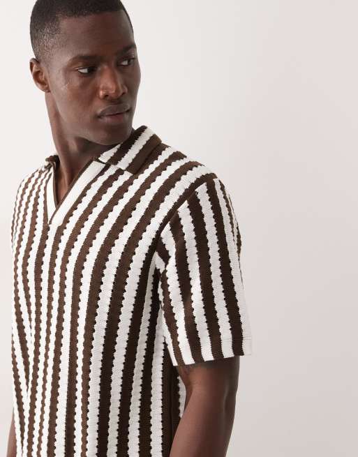ASOS DESIGN knitted relaxed textured notch neck polo in ecru and brown stripe, 4 of 5