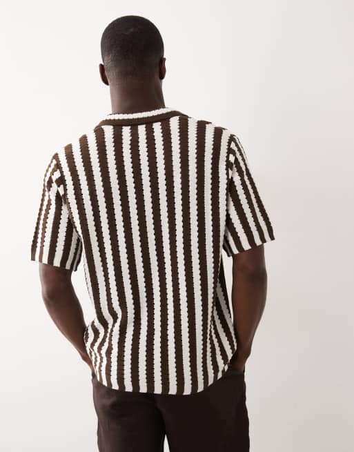 ASOS DESIGN knitted relaxed textured notch neck polo in ecru and brown stripe, 5 of 5