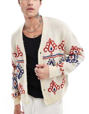 Asos Design Knitted Relaxed V-neck Cardigan In Red And Blue Paisley Pattern-multi