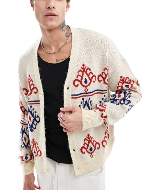 ASOS DESIGN knitted relaxed V neck cardigan in red and blue paisley pattern