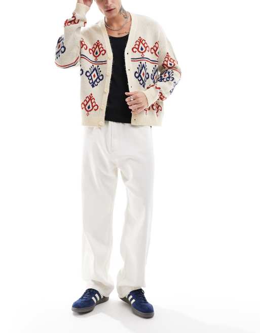 ASOS DESIGN knitted relaxed V-neck cardigan in red and blue