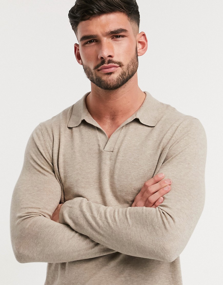 ASOS DESIGN knitted revere long sleeve polo in coffee-Brown
