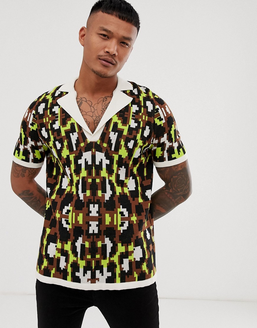 ASOS DESIGN knitted revere polo in neon leopard design-Multi