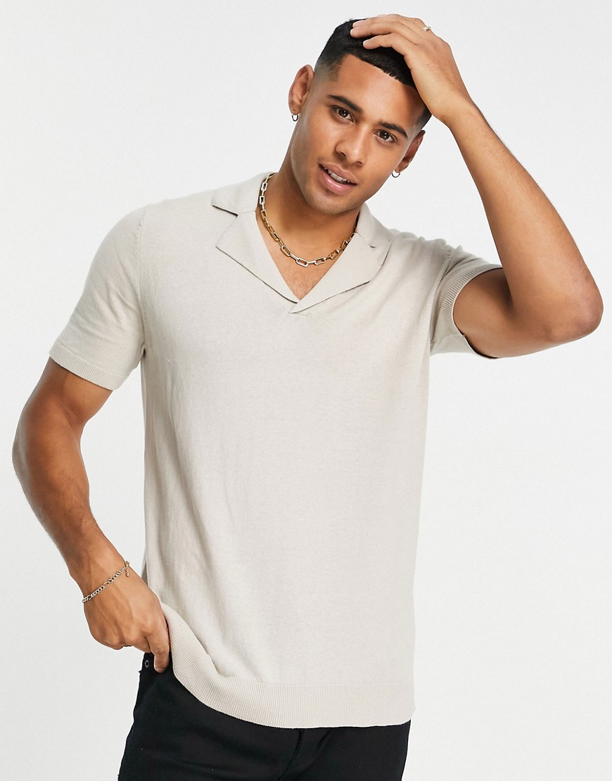 Asos Design Knitted Revere Polo Shirt In Pale Grey