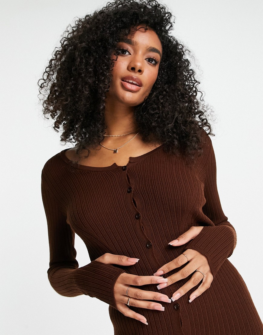 ASOS DESIGN knitted rib button through mini dress in brown - part of a set