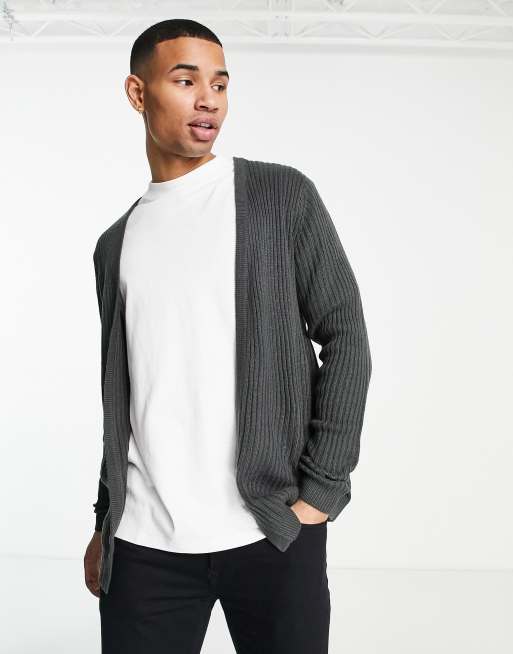 ASOS DESIGN knitted rib cardigan in charcoal marl