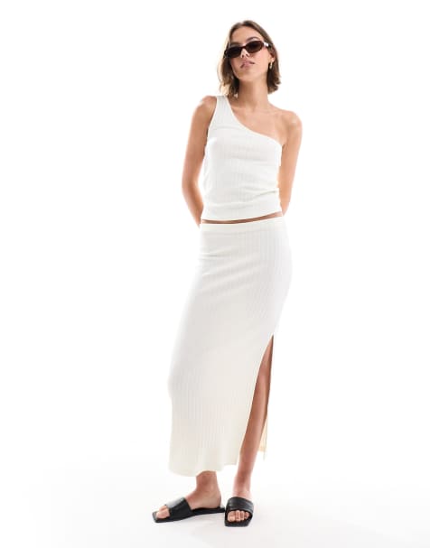 ASOS DESIGN knitted rib column midi skirt and polo shirt or one shoulder top in white - view 1