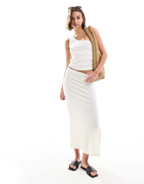 ASOS DESIGN knitted rib column midi skirt in white - view 1