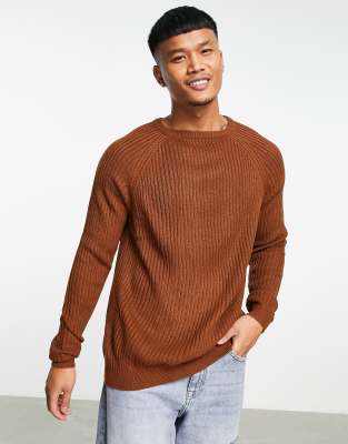 ASOS DESIGN knitted rib crew neck sweater in brown