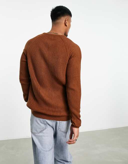 ASOS DESIGN knitted rib crew neck sweater in brown