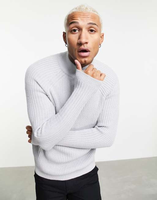 ASOS DESIGN knitted rib half zip jumper in grey ASOS