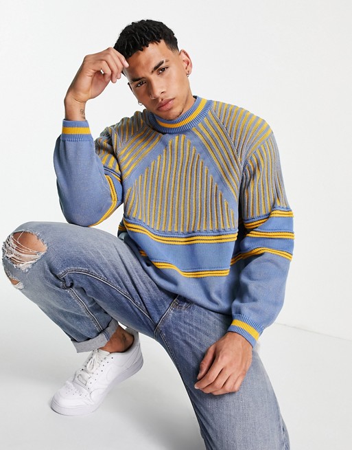 ASOS DESIGN knitted rib jumper with contrast stripe in blue