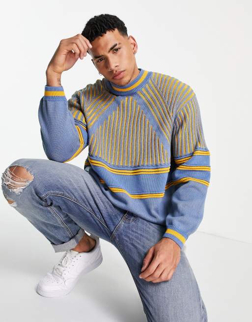 Asos Design Knitted Rib Sweater With Contrast Stripe In Blue Sale ...