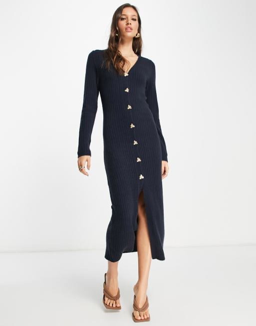 ASOS DESIGN knitted rib midi dress with button through in navy, 4 of 4