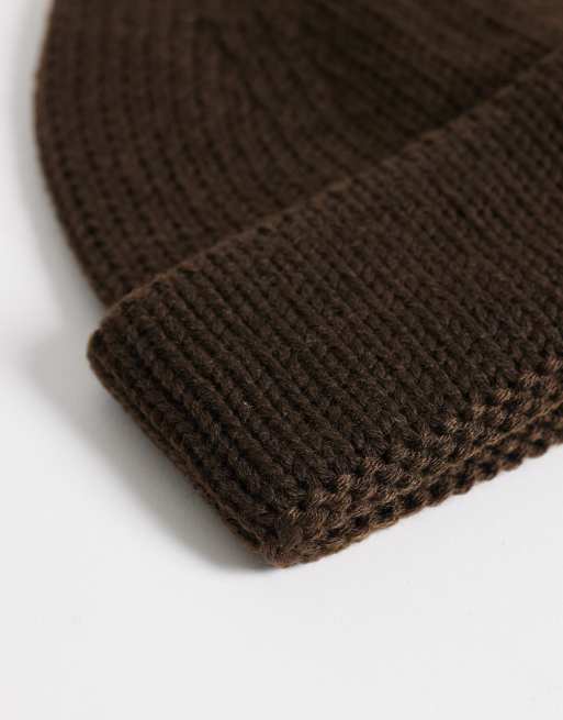 ASOS DESIGN knitted rib mini fisherman beanie in brown, 2 of 3