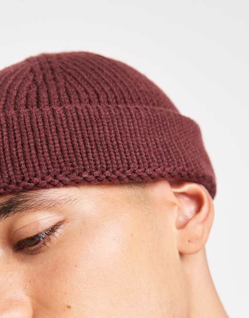 ASOS DESIGN knitted rib mini fisherman beanie in burgundy red, 2 of 3