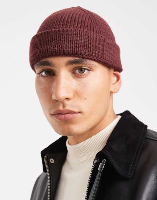 ASOS DESIGN knitted rib mini fisherman beanie in burgundy red, 3 of 3