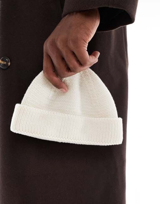 ASOS DESIGN knitted rib mini fisherman beanie in cream, 2 of 3
