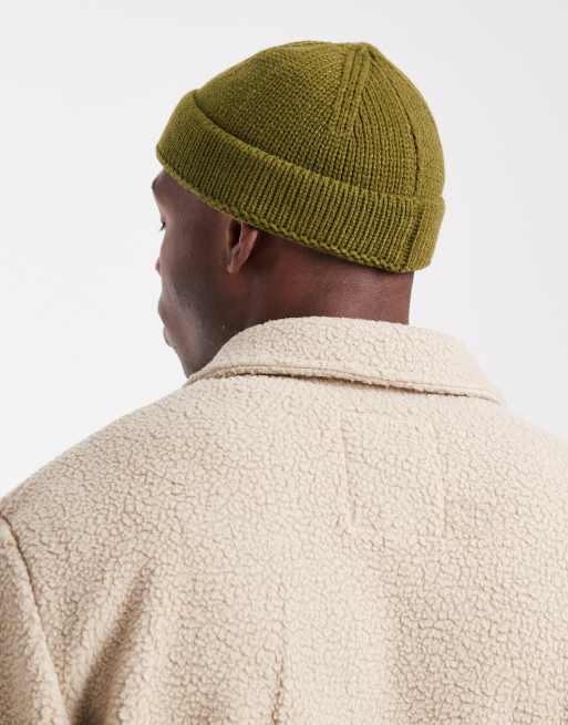 ASOS DESIGN knitted rib mini fisherman beanie in khaki green
