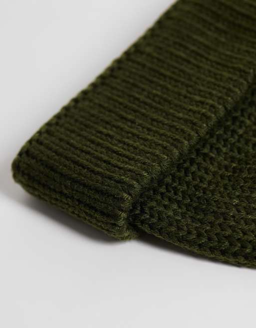 ASOS DESIGN knitted rib mini fisherman beanie in khaki, 2 of 3