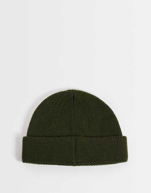 ASOS DESIGN knitted rib mini fisherman beanie in khaki, 3 of 3