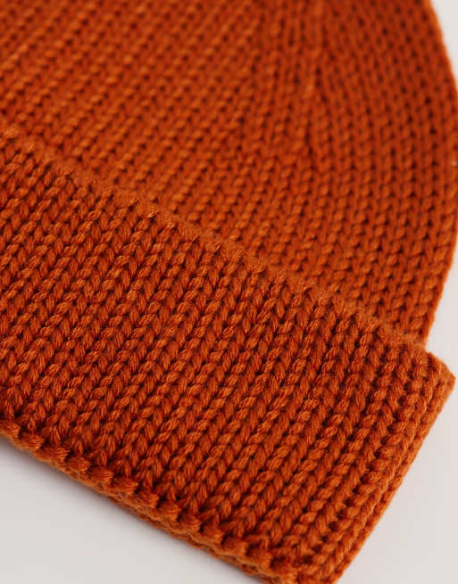 ASOS DESIGN knitted rib mini fisherman beanie in orange, 2 of 3