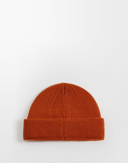 ASOS DESIGN knitted rib mini fisherman beanie in orange, 3 of 3