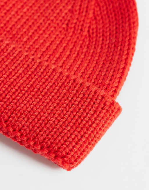 ASOS DESIGN knitted rib mini fisherman beanie in red, 2 of 3