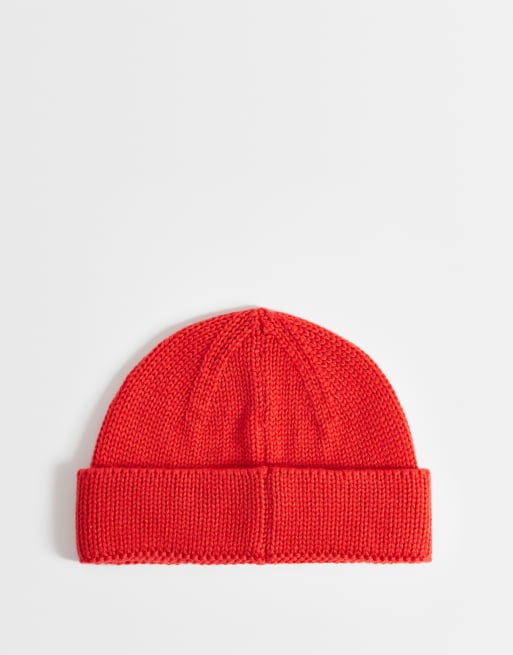 ASOS DESIGN knitted rib mini fisherman beanie in red, 3 of 3