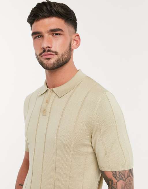 ASOS DESIGN knitted rib polo t-shirt in beige