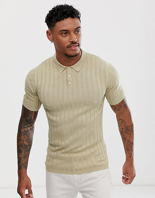 ASOS DESIGN knitted rib polo t-shirt in oatmeal | ASOS