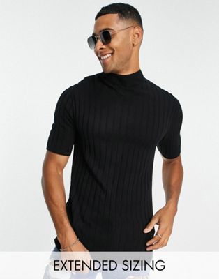 ASOS DESIGN knitted rib turtle neck t-shirt in black