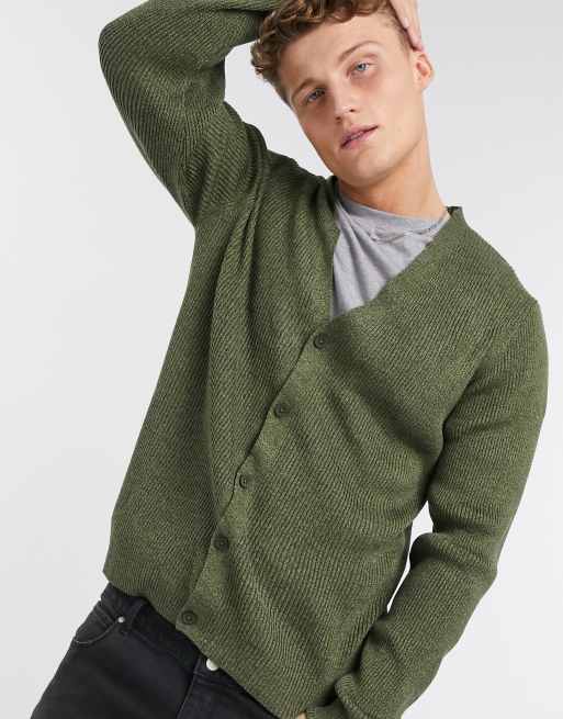 ASOS DESIGN knitted rib v button cardigan in khaki twist