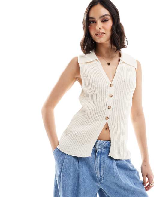 CerbeShops DESIGN knitted rib waistcoat with collar detail in cream