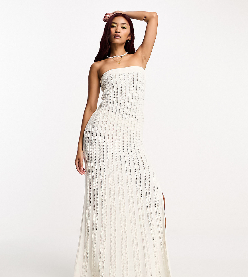 ASOS DESIGN knitted ribbed bandeau maxi dress in cream-Yellow