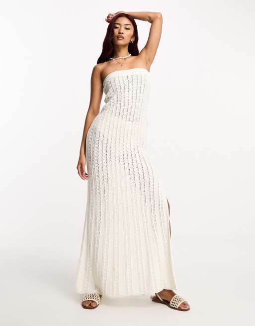 ASOS DESIGN knitted ribbed bandeau maxi dress in cream ASOS