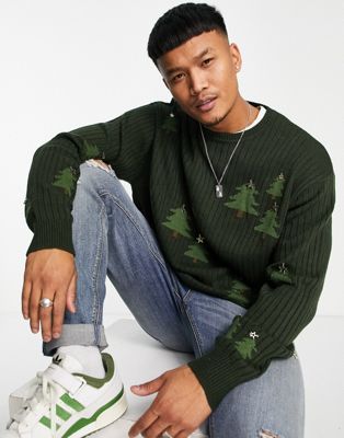 ASOS DESIGN knitted ribbed christmas jumper with christmas tree applique
