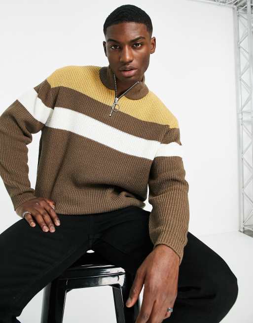 ASOS DESIGN knitted ribbed half zip jumper with colour block chest stripes in tan