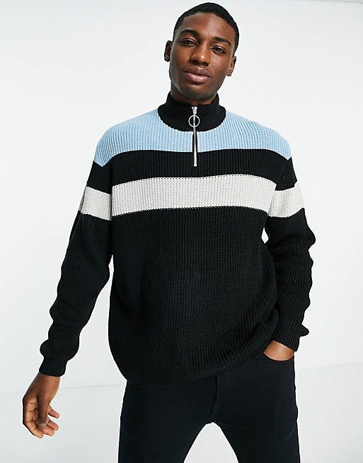 ASOS DESIGN knitted ribbed half zip jumper with colour block chest stripes