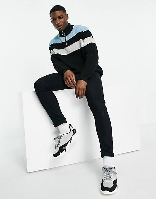 ASOS Knitted Ribbed Half Zip Jumper With Colour Block Chest Stripes in Black for Men Mens Clothing Sweaters and knitwear Zipped sweaters 