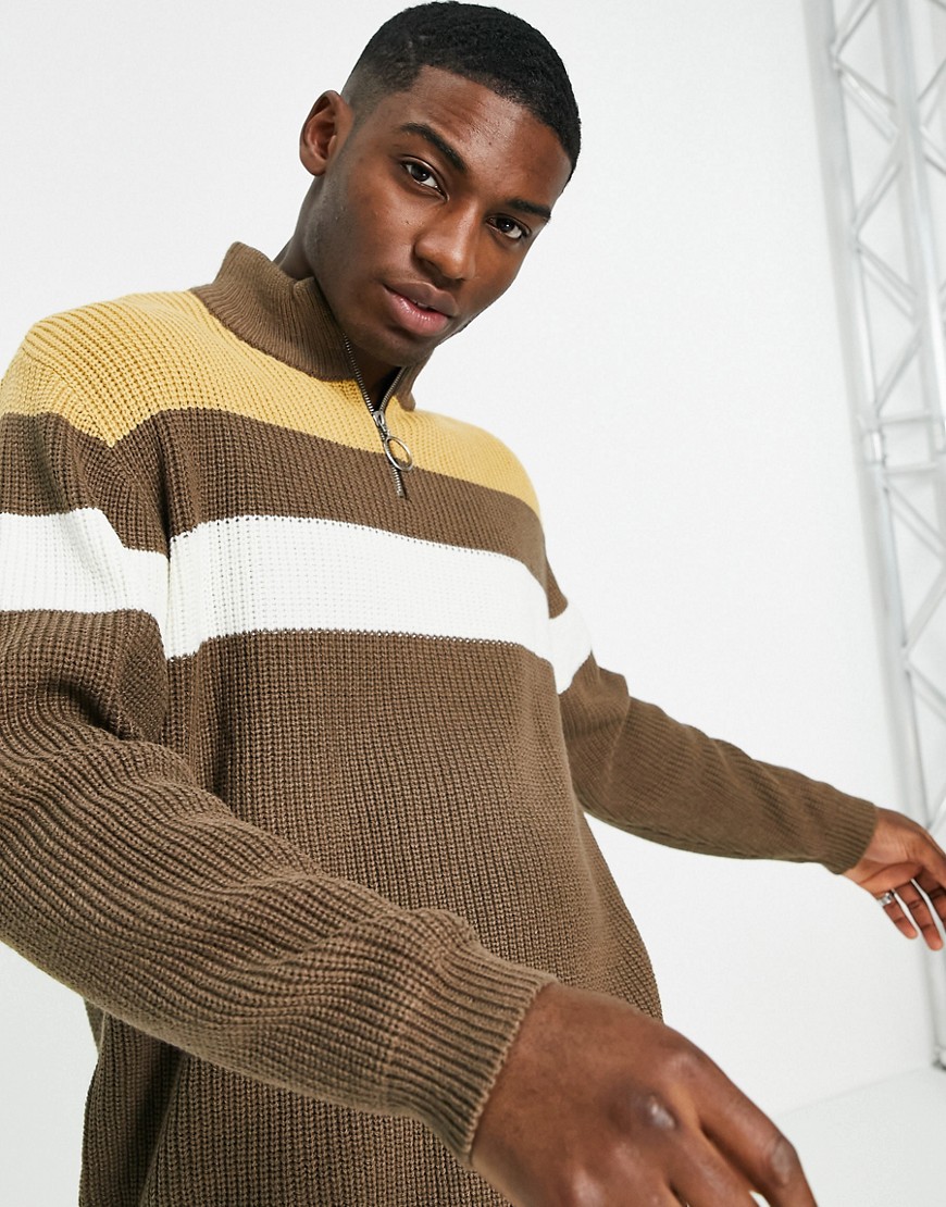 ASOS DESIGN knitted ribbed half zip sweater with color block chest stripes in tan-Brown