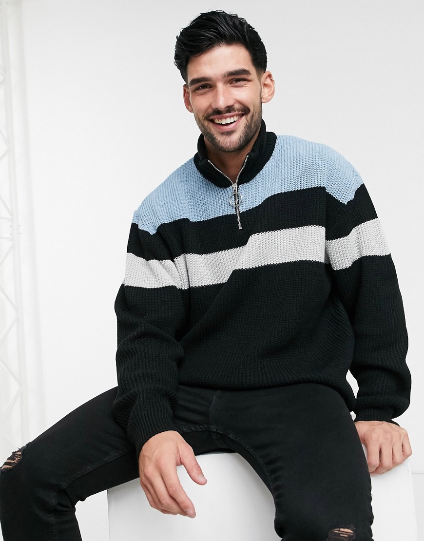 ASOS DESIGN knitted ribbed half zip sweater with color block chest stripes-Black