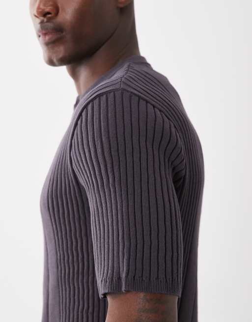 ASOS DESIGN knitted ribbed henley in charcoal, 4 of 5