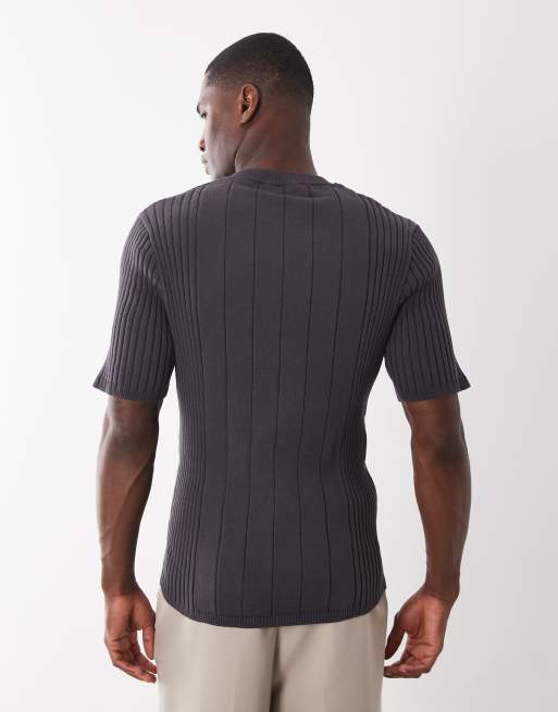 ASOS DESIGN knitted ribbed henley in charcoal, 5 of 5