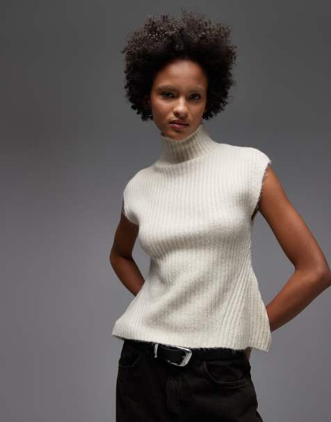 ASOS DESIGN knitted ribbed high neck tank in ecru - view 1