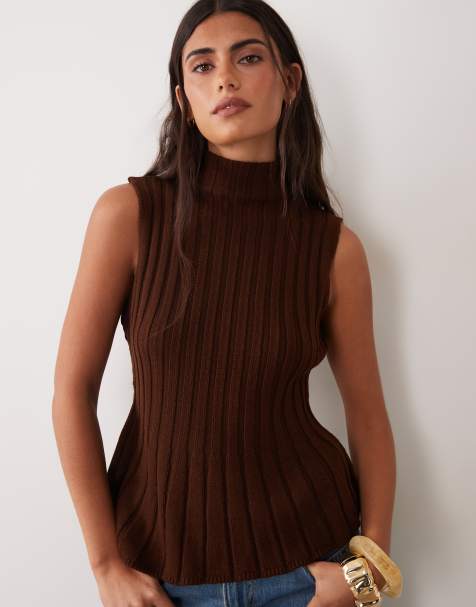 ASOS DESIGN knitted ribbed high neck tank top in chocolate brown - view 1