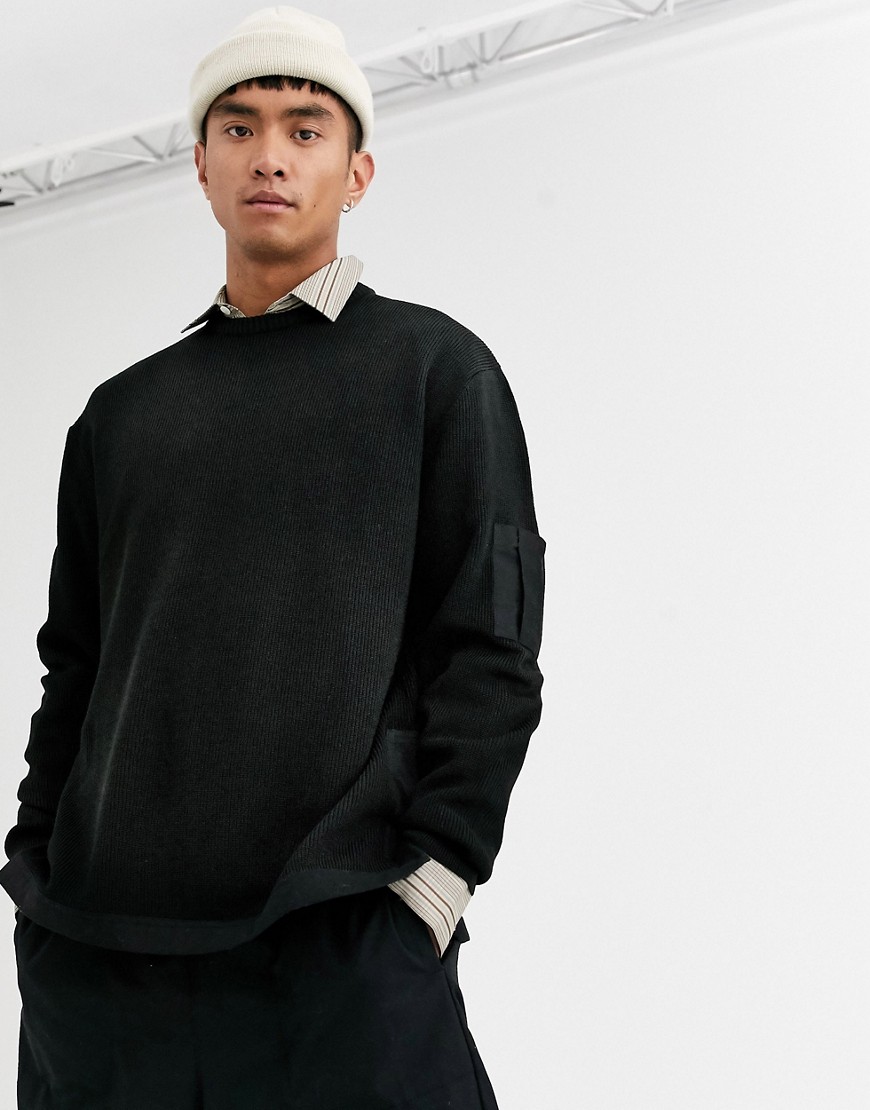 ASOS DESIGN knitted ribbed jumper with woven panels in black