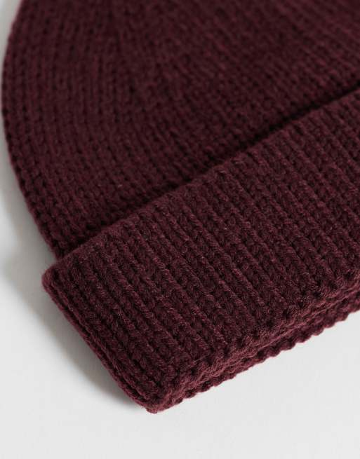 ASOS DESIGN knitted ribbed mini fisherman beanie in burgundy, 2 of 3